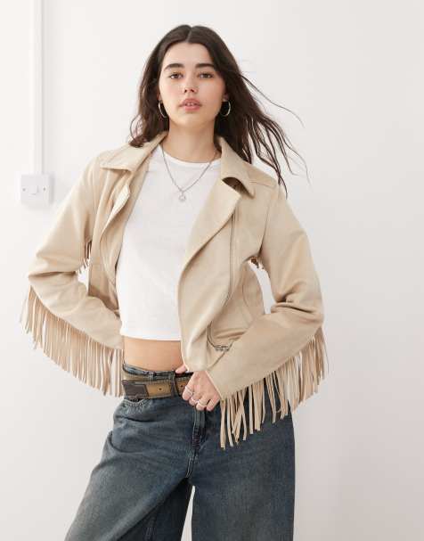 Noisy May fringe biker jacket in beige - view 1
