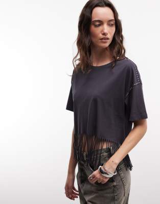 Noisy May Fringed T-shirt With Stud Detail In Gray