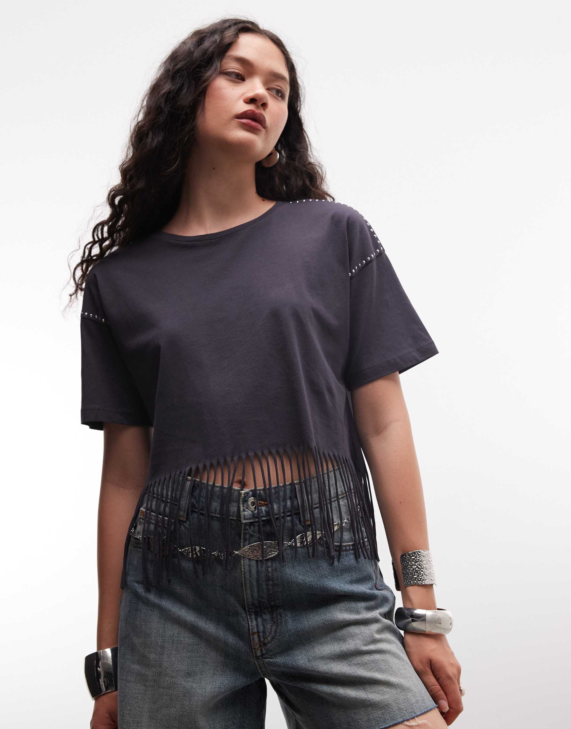 noisy may fringed t-shirt with stud detail in charcoal