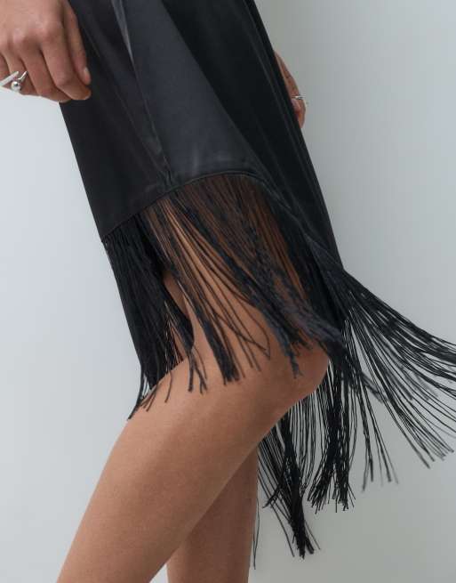 Noisy May fringes detail asymmetric mini dress in black, 4 of 5