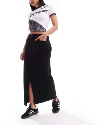 front slit denim maxi skirt in black