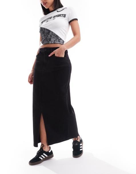 Noisy May front split denim maxi skirt in black - view 1