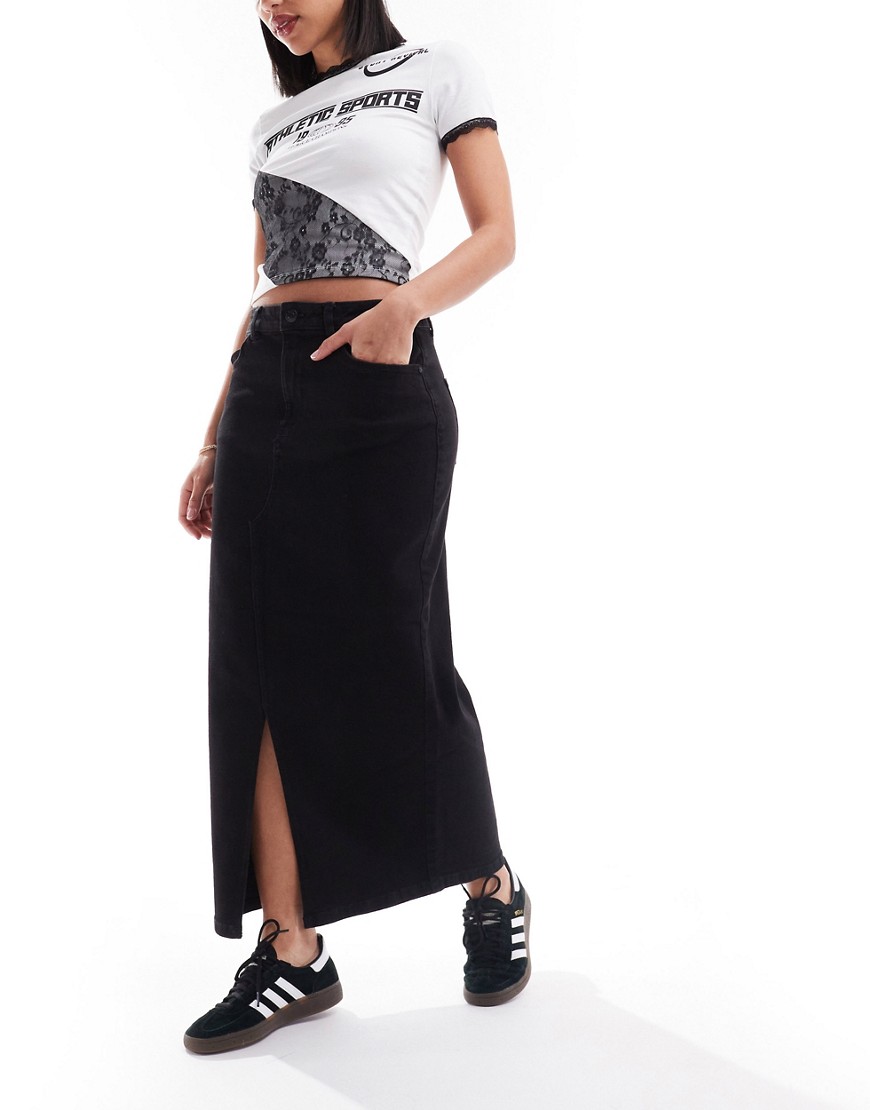 Noisy May front split denim maxi skirt in black