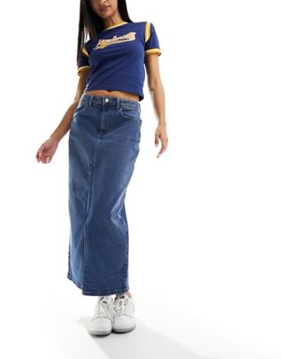 front split denim maxi skirt in mid wash blue