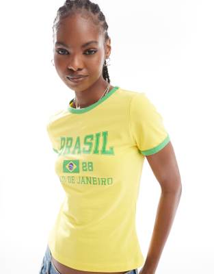 Noisy May - Fußball-T-Shirt in Gelb mit „Brasil"-Print-Blau