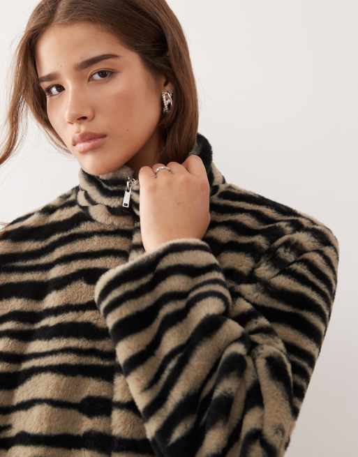 Noisy May funnel neck faux fur jacket in gray zebra | ASOS