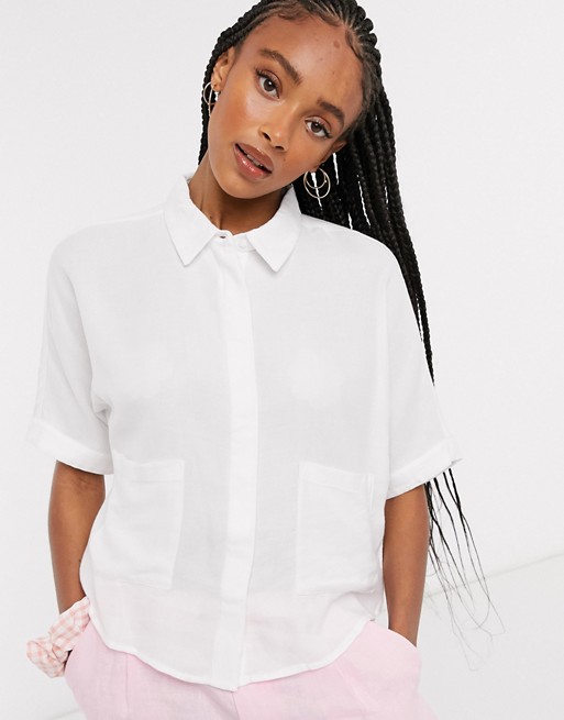 Noisy May pocket front boxy cropped shirt in white