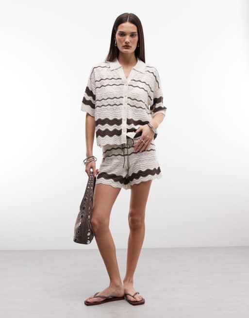 Noisy May - Gehaakte polo in beige en bruin, deel van co-ord set, 2 van 4