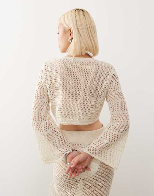Noisy May - Gehaakte top met gestrikte voorkant in beige, deel van co-ord set, 3 van 4