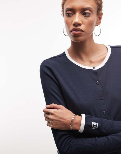 Noisy May - Geribbeld vest met contrasterende naden in marineblauw, 3 van 4