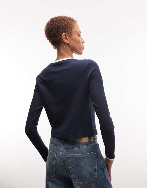 Noisy May - Geribbeld vest met contrasterende naden in marineblauw, 4 van 4