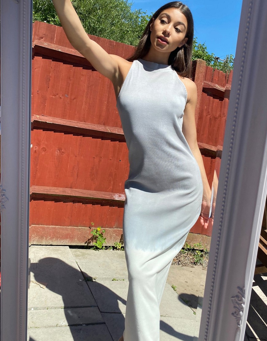 Noisy May - Geribbelde hoogsluitende lange jurk met tie-dye in grijs