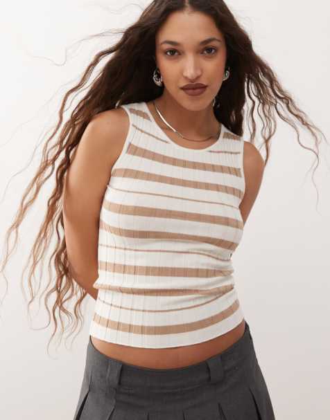 Noisy May – Geripptes Tanktop in Beige und Creme gestreift - view 1