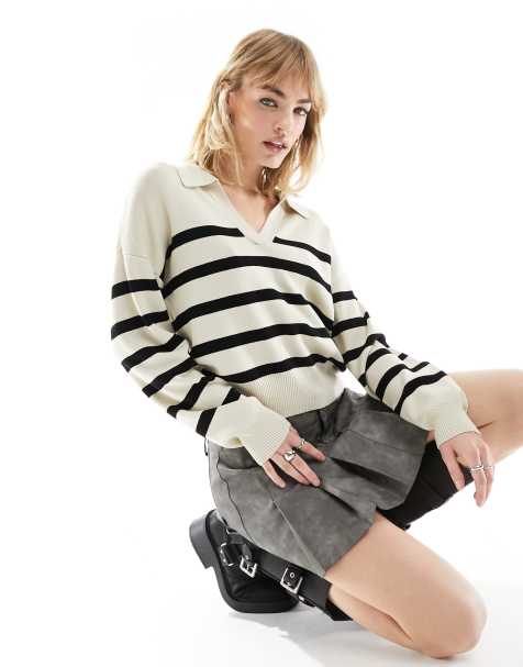 Noisy May – Gestreiftes Polo-Oberteil aus Strick in Hellbeige - view 1
