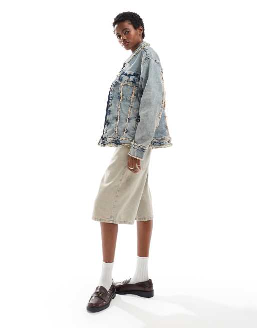 Noisy May - Giacca di jeans blu lavaggio acido con dettagli sfrangiati 