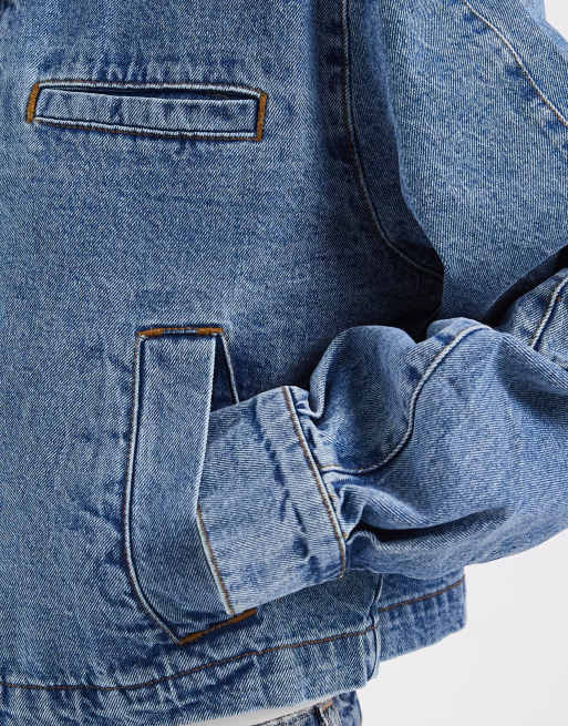 Noisy May giacca di jeans squadrata con zip in vintage blu medio, 4 di 4