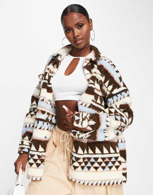 Noisy May - Giacca oversize in pile marrone con stampa azteca