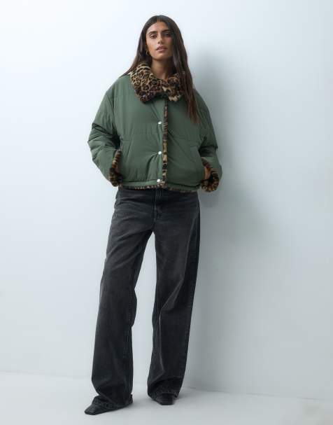 Noisy May giacca reversibile con colletto oversize in kaki e stampa leopardata - view 1