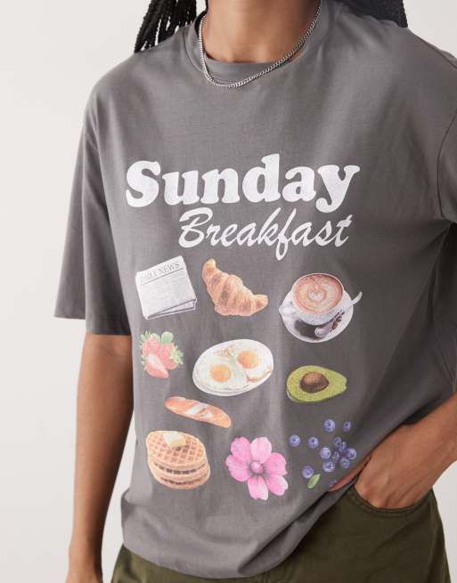 Noisy May - Grå T-shirt med firkantet pasform og morgenmadsprint, 2 af 4
