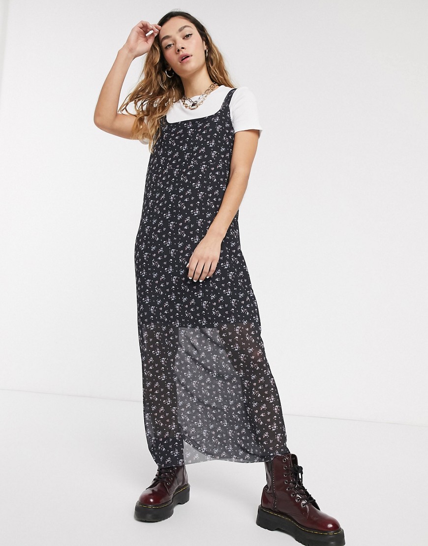 Noisy May - Grunge - Lange jurk van mesh met bloemenprint-Zwart