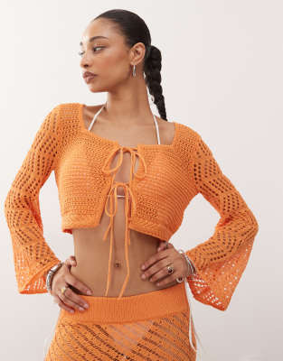 Noisy May - Häkel-Strickjacke in Orange mit Schnürung vorn, Kombiteil