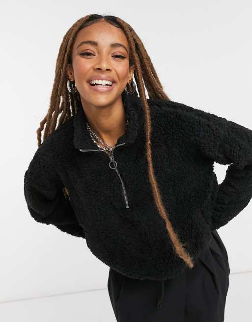 Noisy May half-zip teddy sweatshirt with drawstring waist in black