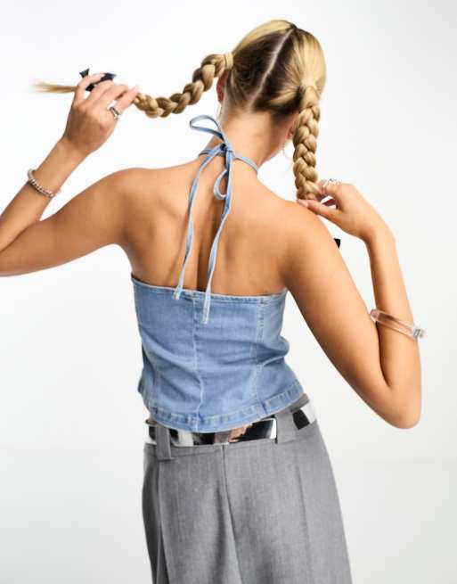 Noisy May halter neck cropped denim top in blue