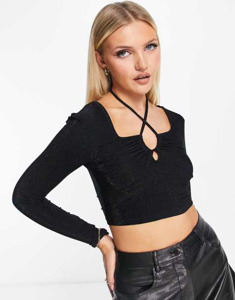 Noisy May halter neck long sleeve crop top in black - view 1