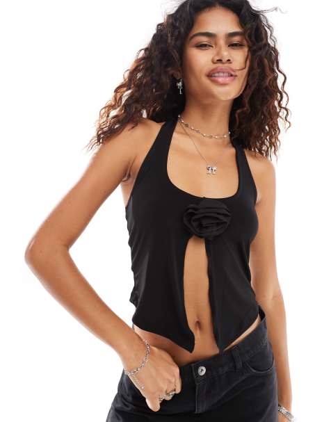 Noisy May halter open front top with rose detail in black - view 1