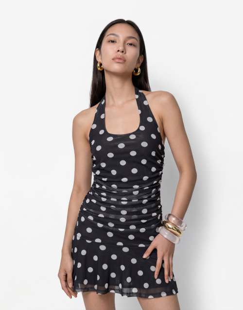 Noisy May halterneck mini dress in black polka dot print