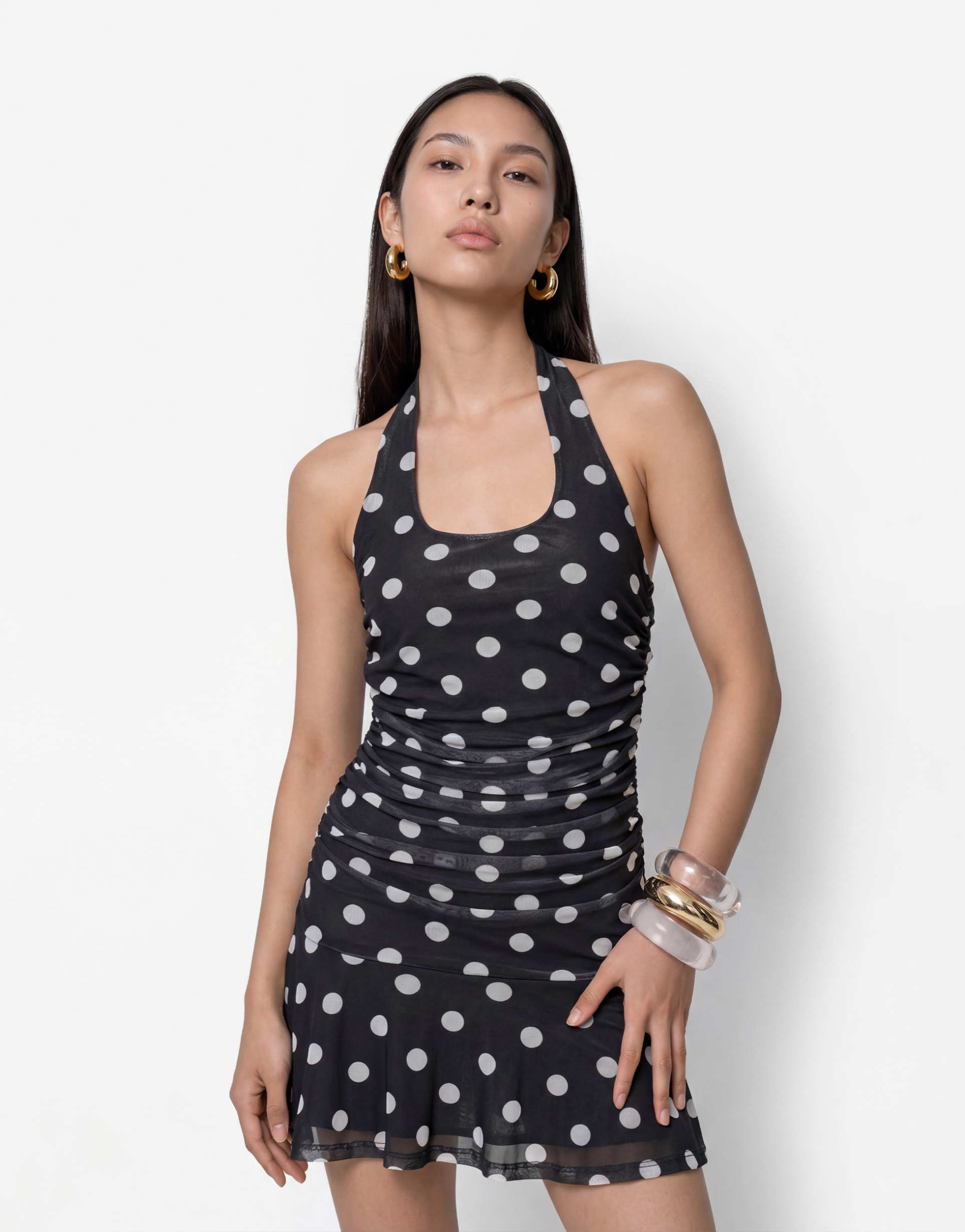 noisy may halterneck mini dress in black polka dot print