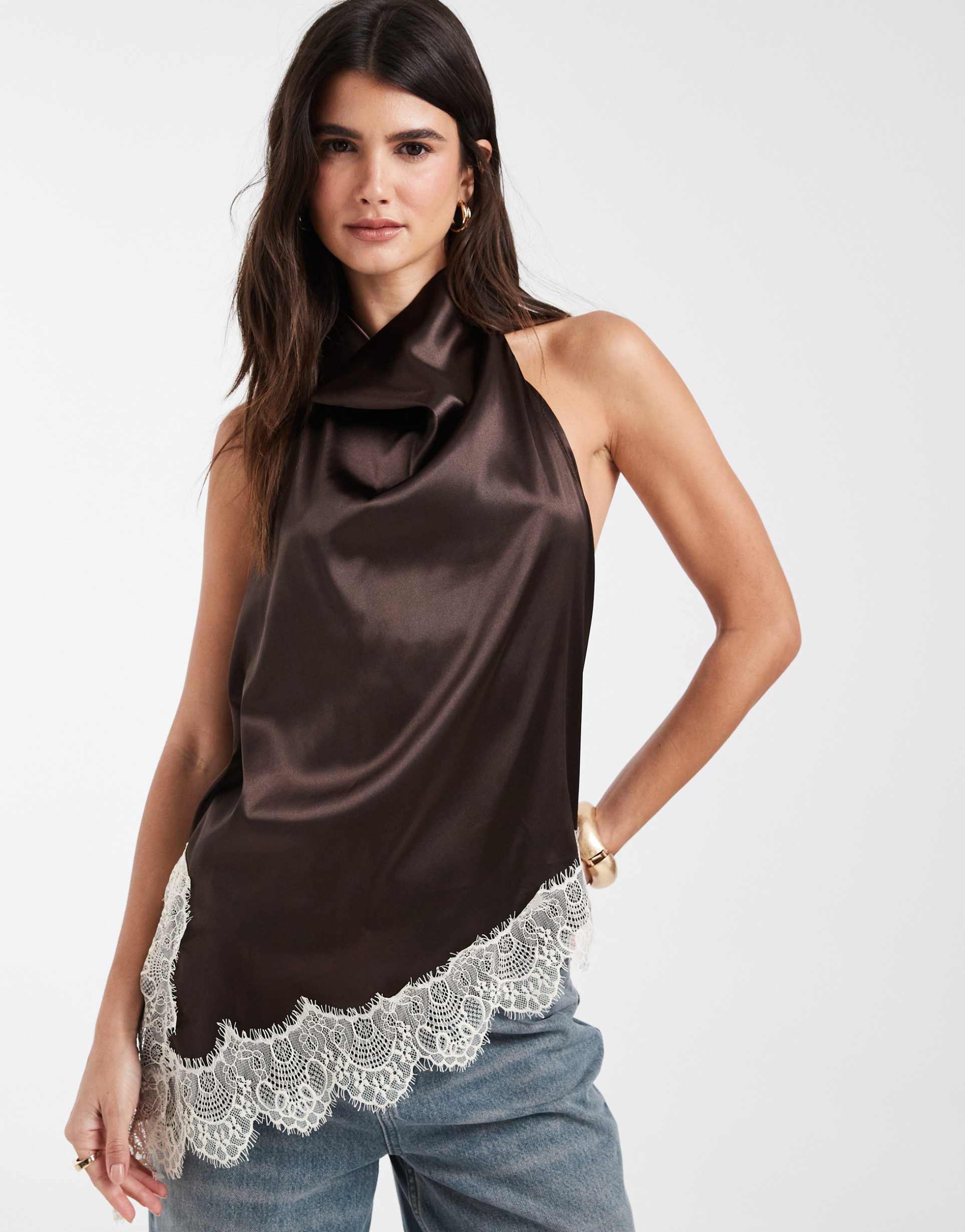 noisy may halterneck satin top with lace details in brown