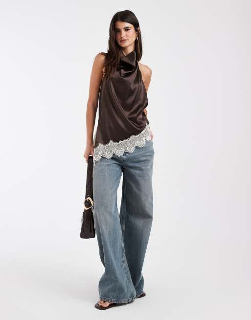 Noisy May halterneck satin top with lace details in brown, 2 of 4