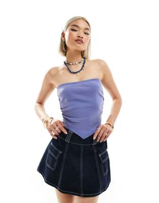 hanky hem bandeau top in washed denim-Blue