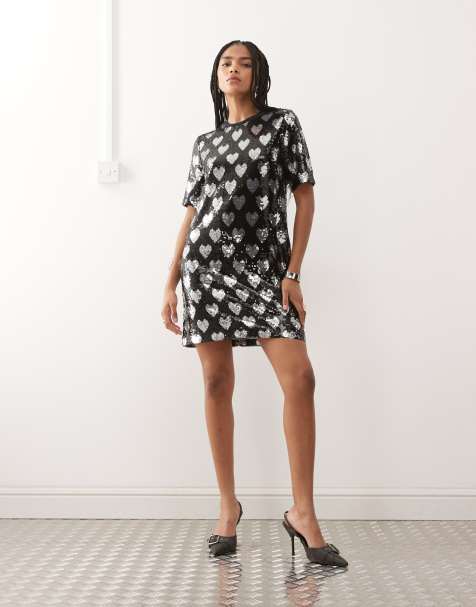 Noisy May heart detail sequin t-shirt dress in black - view 1