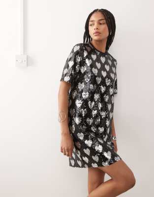 Noisy May Heart Detail Sequin T-shirt Dress In Black