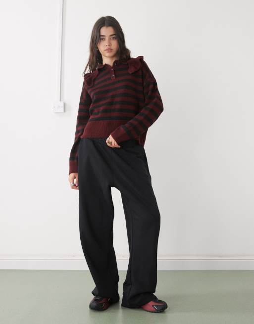 Noisy May henley knit jumper with peter pan collar in burgundy stripe, 3 of 4