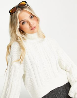 Noisy May high neck cable knit jumper in cream