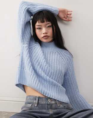 high neck cropped knit sweater in light blue