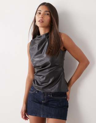 Noisy May High Neck Faux Leather Asymmetric Top In Gray