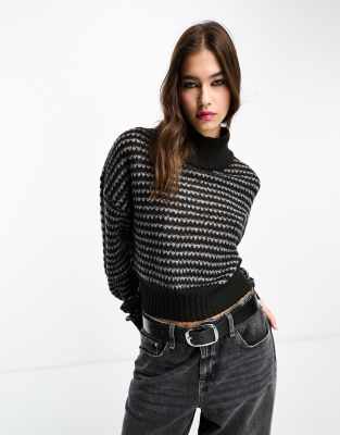 Noisy May high neck fluffy jumper in black & grey stripe