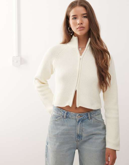 Noisy May high neck full zip through cardigan in cream, 2 of 4