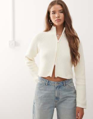 Noisy May High Neck Full Zip Up Cardigan In White
