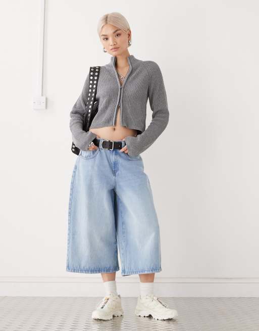 Noisy May high neck full zip up cardigan in medium gray