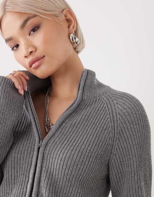 Noisy May high neck full zip up cardigan in medium gray