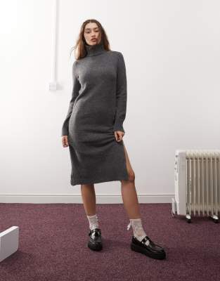 high neck knit midi sweater dress in gray