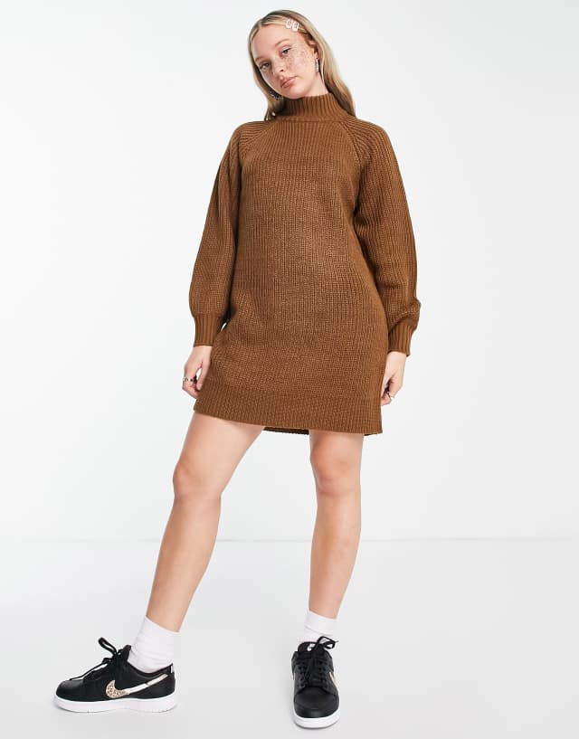 Noisy May high neck knit mini sweater dress in brown