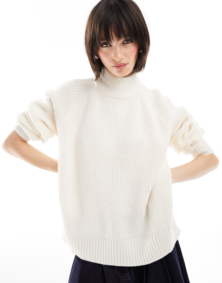 Noisy May high neck knitted jumper in cream-White