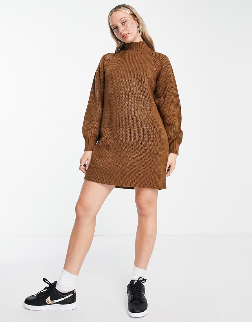 Noisy May high neck knitted mini jumper dress in brown