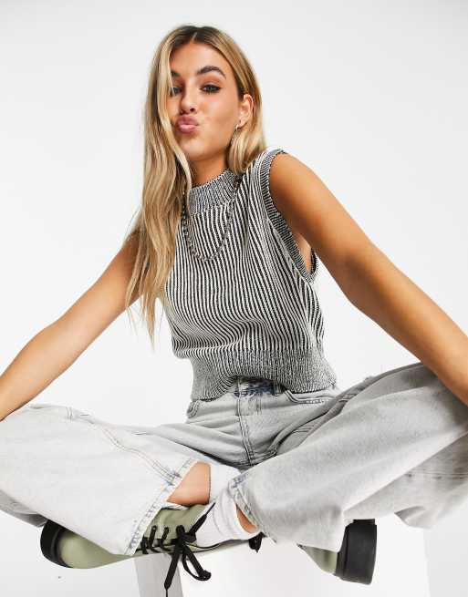 Noisy May high neck knitted singlet in black & white stripe